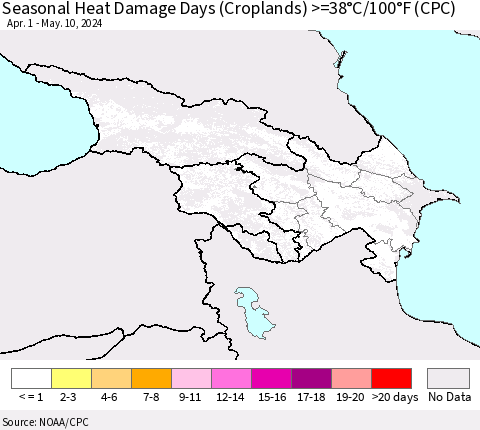 Azerbaijan, Armenia and Georgia Seasonal Heat Damage Days (Croplands) >=38°C/100°F (CPC) Thematic Map For 4/1/2024 - 5/10/2024