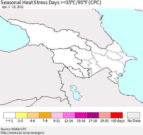 Azerbaijan, Armenia and Georgia Seasonal Heat Stress Days >=35°C/95°F (CPC) Thematic Map For 4/1/2022 - 4/10/2022