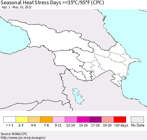Azerbaijan, Armenia and Georgia Seasonal Heat Stress Days >=35°C/95°F (CPC) Thematic Map For 4/1/2022 - 5/10/2022