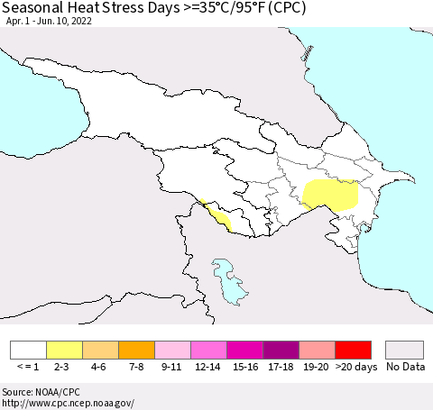 Azerbaijan, Armenia and Georgia Seasonal Heat Stress Days >=35°C/95°F (CPC) Thematic Map For 4/1/2022 - 6/10/2022