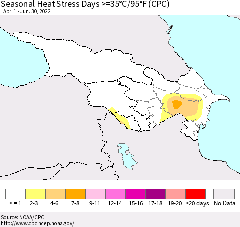 Azerbaijan, Armenia and Georgia Seasonal Heat Stress Days >=35°C/95°F (CPC) Thematic Map For 4/1/2022 - 6/30/2022