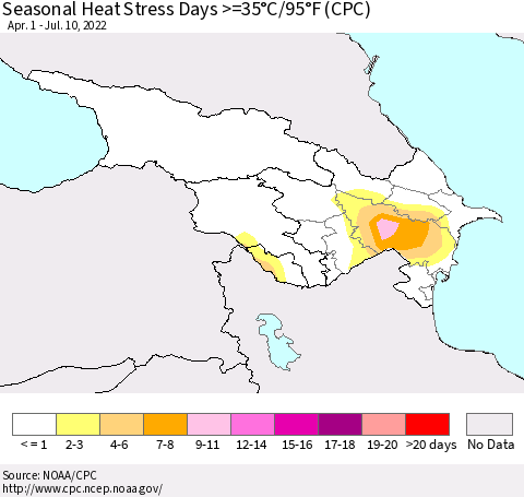 Azerbaijan, Armenia and Georgia Seasonal Heat Stress Days >=35°C/95°F (CPC) Thematic Map For 4/1/2022 - 7/10/2022