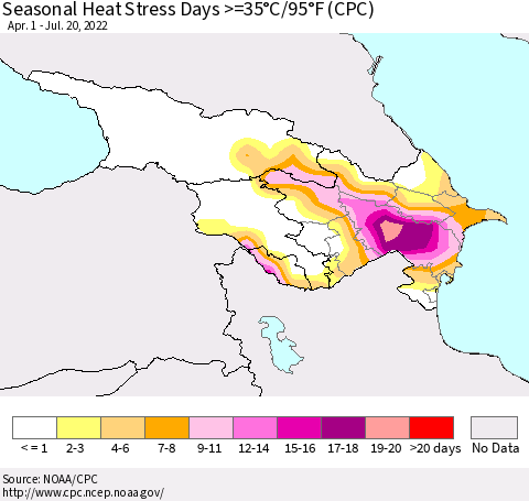 Azerbaijan, Armenia and Georgia Seasonal Heat Stress Days >=35°C/95°F (CPC) Thematic Map For 4/1/2022 - 7/20/2022