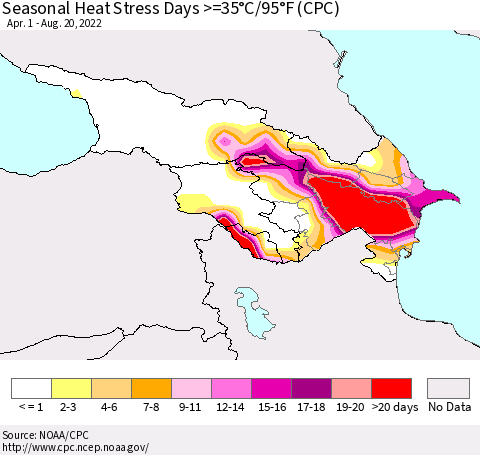 Azerbaijan, Armenia and Georgia Seasonal Heat Stress Days >=35°C/95°F (CPC) Thematic Map For 4/1/2022 - 8/20/2022