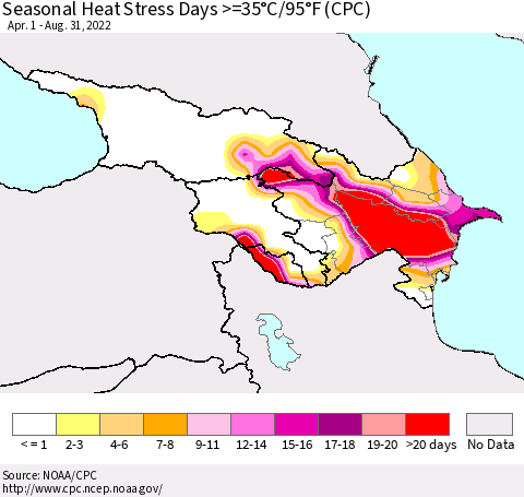 Azerbaijan, Armenia and Georgia Seasonal Heat Stress Days >=35°C/95°F (CPC) Thematic Map For 4/1/2022 - 8/31/2022