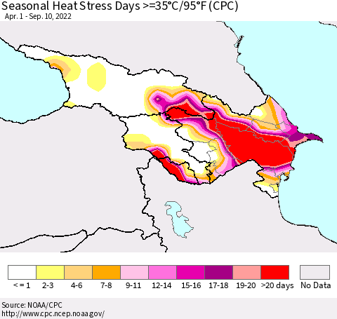 Azerbaijan, Armenia and Georgia Seasonal Heat Stress Days >=35°C/95°F (CPC) Thematic Map For 4/1/2022 - 9/10/2022