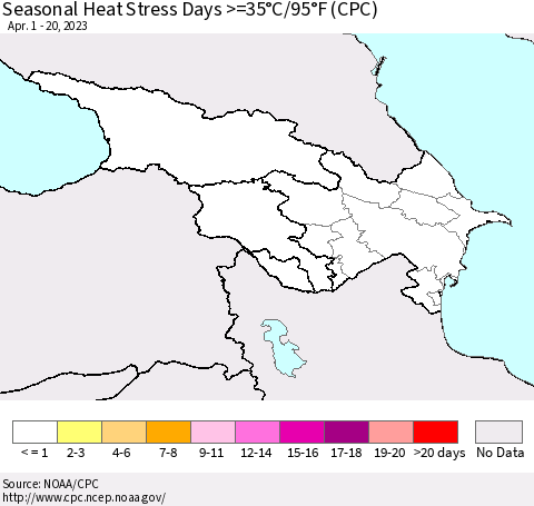 Azerbaijan, Armenia and Georgia Seasonal Heat Stress Days >=35°C/95°F (CPC) Thematic Map For 4/1/2023 - 4/20/2023