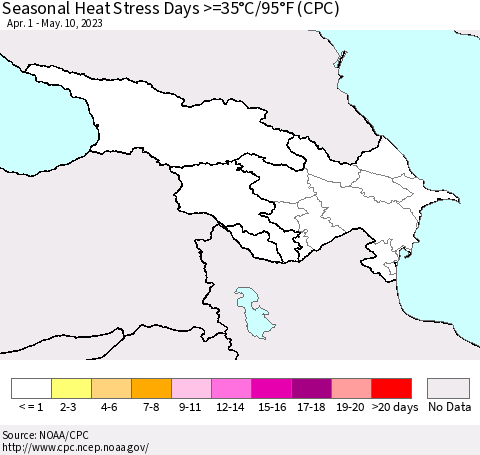 Azerbaijan, Armenia and Georgia Seasonal Heat Stress Days >=35°C/95°F (CPC) Thematic Map For 4/1/2023 - 5/10/2023