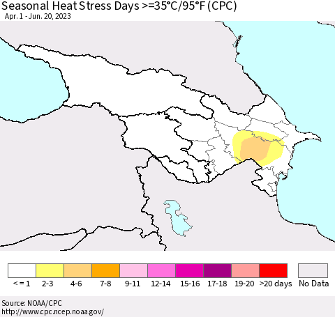 Azerbaijan, Armenia and Georgia Seasonal Heat Stress Days >=35°C/95°F (CPC) Thematic Map For 4/1/2023 - 6/20/2023