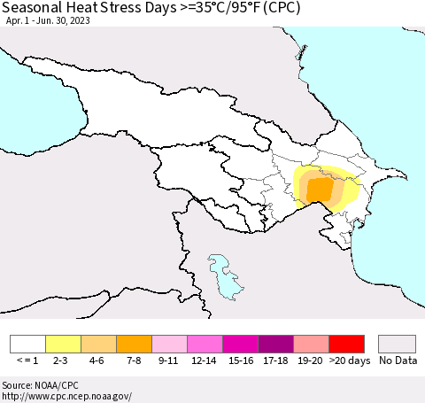 Azerbaijan, Armenia and Georgia Seasonal Heat Stress Days >=35°C/95°F (CPC) Thematic Map For 4/1/2023 - 6/30/2023