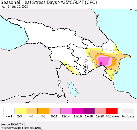 Azerbaijan, Armenia and Georgia Seasonal Heat Stress Days >=35°C/95°F (CPC) Thematic Map For 4/1/2023 - 7/10/2023