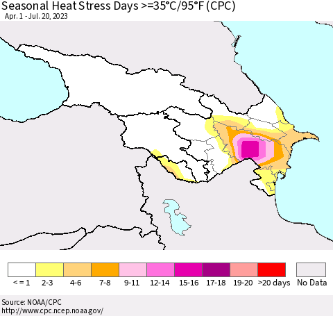 Azerbaijan, Armenia and Georgia Seasonal Heat Stress Days >=35°C/95°F (CPC) Thematic Map For 4/1/2023 - 7/20/2023