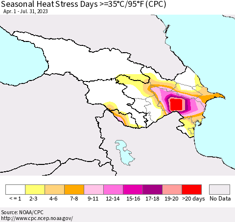Azerbaijan, Armenia and Georgia Seasonal Heat Stress Days >=35°C/95°F (CPC) Thematic Map For 4/1/2023 - 7/31/2023