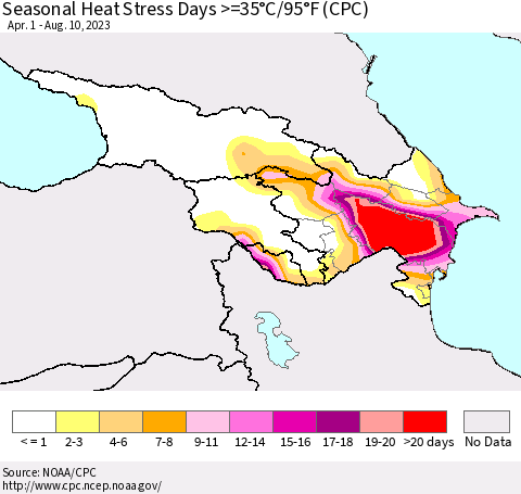 Azerbaijan, Armenia and Georgia Seasonal Heat Stress Days >=35°C/95°F (CPC) Thematic Map For 4/1/2023 - 8/10/2023