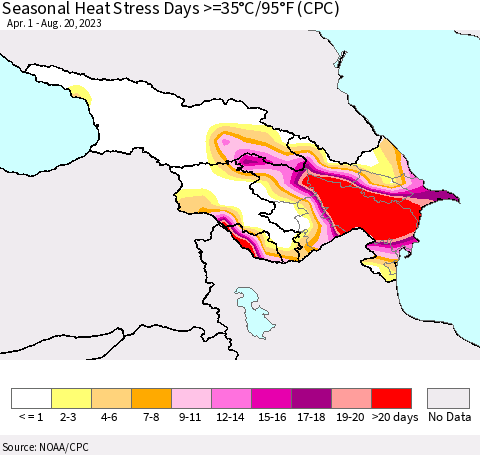 Azerbaijan, Armenia and Georgia Seasonal Heat Stress Days >=35°C/95°F (CPC) Thematic Map For 4/1/2023 - 8/20/2023