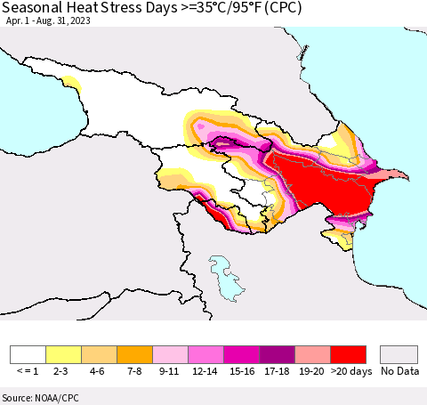 Azerbaijan, Armenia and Georgia Seasonal Heat Stress Days >=35°C/95°F (CPC) Thematic Map For 4/1/2023 - 8/31/2023