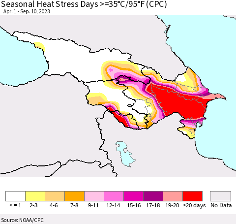 Azerbaijan, Armenia and Georgia Seasonal Heat Stress Days >=35°C/95°F (CPC) Thematic Map For 4/1/2023 - 9/10/2023