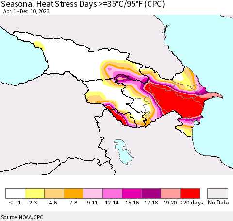 Azerbaijan, Armenia and Georgia Seasonal Heat Stress Days >=35°C/95°F (CPC) Thematic Map For 4/1/2023 - 12/10/2023