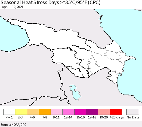 Azerbaijan, Armenia and Georgia Seasonal Heat Stress Days >=35°C/95°F (CPC) Thematic Map For 4/1/2024 - 4/10/2024