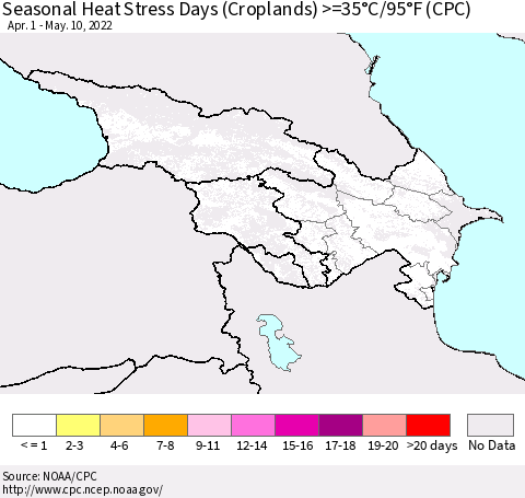 Azerbaijan, Armenia and Georgia Seasonal Heat Stress Days (Croplands) >=35°C/95°F (CPC) Thematic Map For 4/1/2022 - 5/10/2022