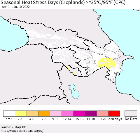 Azerbaijan, Armenia and Georgia Seasonal Heat Stress Days (Croplands) >=35°C/95°F (CPC) Thematic Map For 4/1/2022 - 6/10/2022