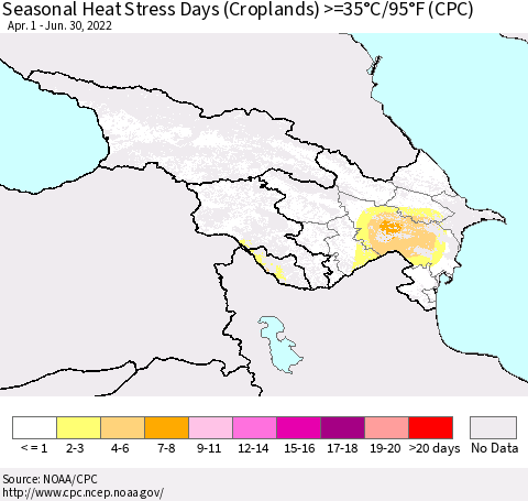 Azerbaijan, Armenia and Georgia Seasonal Heat Stress Days (Croplands) >=35°C/95°F (CPC) Thematic Map For 4/1/2022 - 6/30/2022