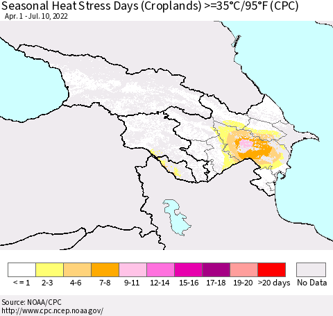 Azerbaijan, Armenia and Georgia Seasonal Heat Stress Days (Croplands) >=35°C/95°F (CPC) Thematic Map For 4/1/2022 - 7/10/2022