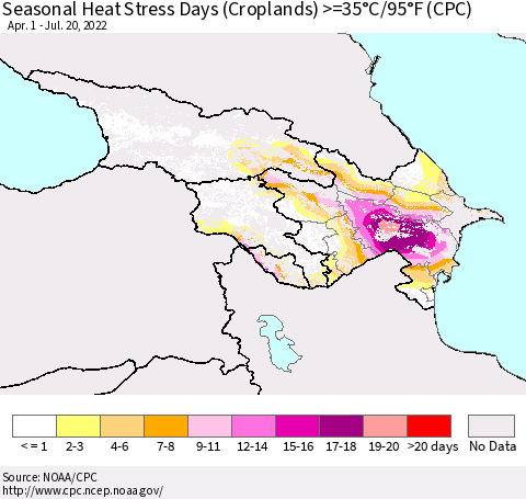Azerbaijan, Armenia and Georgia Seasonal Heat Stress Days (Croplands) >=35°C/95°F (CPC) Thematic Map For 4/1/2022 - 7/20/2022