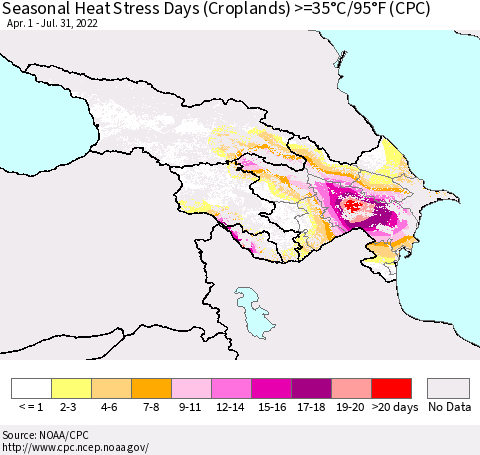 Azerbaijan, Armenia and Georgia Seasonal Heat Stress Days (Croplands) >=35°C/95°F (CPC) Thematic Map For 4/1/2022 - 7/31/2022