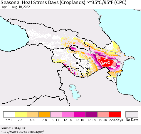 Azerbaijan, Armenia and Georgia Seasonal Heat Stress Days (Croplands) >=35°C/95°F (CPC) Thematic Map For 4/1/2022 - 8/10/2022