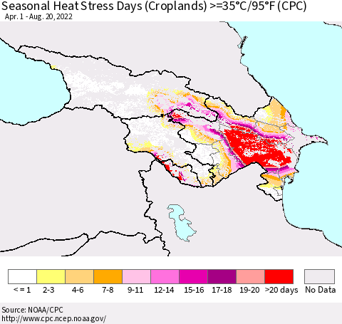 Azerbaijan, Armenia and Georgia Seasonal Heat Stress Days (Croplands) >=35°C/95°F (CPC) Thematic Map For 4/1/2022 - 8/20/2022