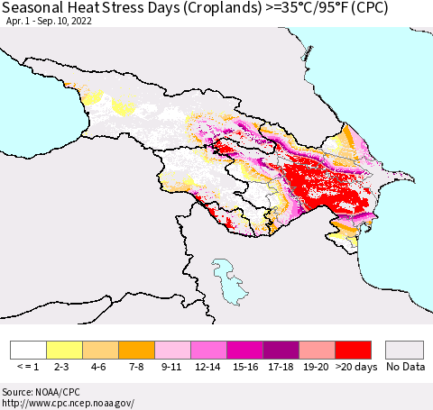 Azerbaijan, Armenia and Georgia Seasonal Heat Stress Days (Croplands) >=35°C/95°F (CPC) Thematic Map For 4/1/2022 - 9/10/2022