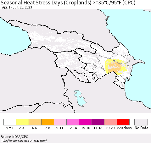 Azerbaijan, Armenia and Georgia Seasonal Heat Stress Days (Croplands) >=35°C/95°F (CPC) Thematic Map For 4/1/2023 - 6/20/2023