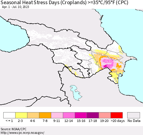 Azerbaijan, Armenia and Georgia Seasonal Heat Stress Days (Croplands) >=35°C/95°F (CPC) Thematic Map For 4/1/2023 - 7/10/2023
