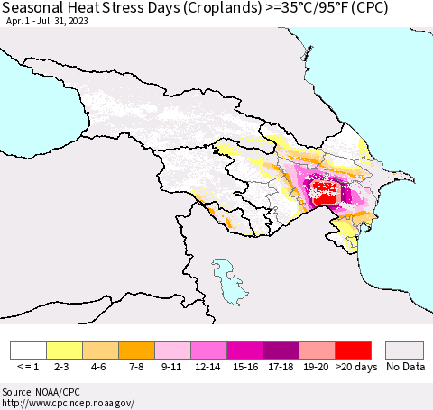 Azerbaijan, Armenia and Georgia Seasonal Heat Stress Days (Croplands) >=35°C/95°F (CPC) Thematic Map For 4/1/2023 - 7/31/2023
