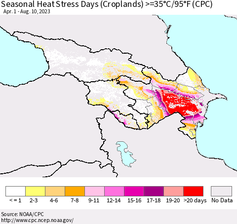Azerbaijan, Armenia and Georgia Seasonal Heat Stress Days (Croplands) >=35°C/95°F (CPC) Thematic Map For 4/1/2023 - 8/10/2023