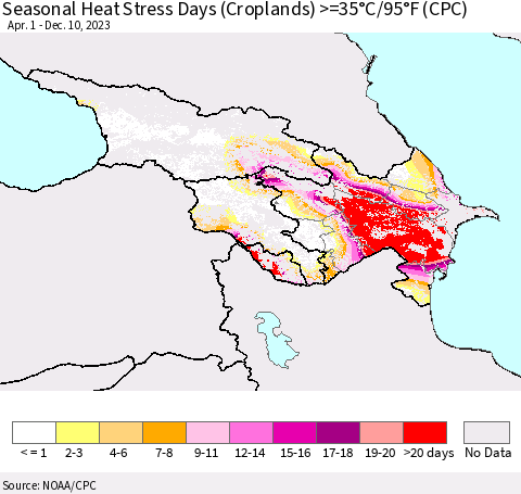 Azerbaijan, Armenia and Georgia Seasonal Heat Stress Days (Croplands) >=35°C/95°F (CPC) Thematic Map For 4/1/2023 - 12/10/2023