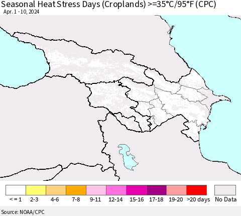 Azerbaijan, Armenia and Georgia Seasonal Heat Stress Days (Croplands) >=35°C/95°F (CPC) Thematic Map For 4/1/2024 - 4/10/2024