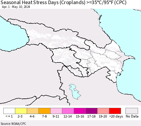 Azerbaijan, Armenia and Georgia Seasonal Heat Stress Days (Croplands) >=35°C/95°F (CPC) Thematic Map For 4/1/2024 - 5/10/2024