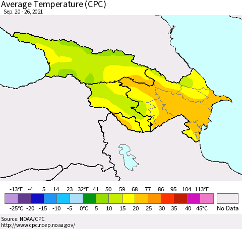 Azerbaijan, Armenia and Georgia Average Temperature (CPC) Thematic Map For 9/20/2021 - 9/26/2021
