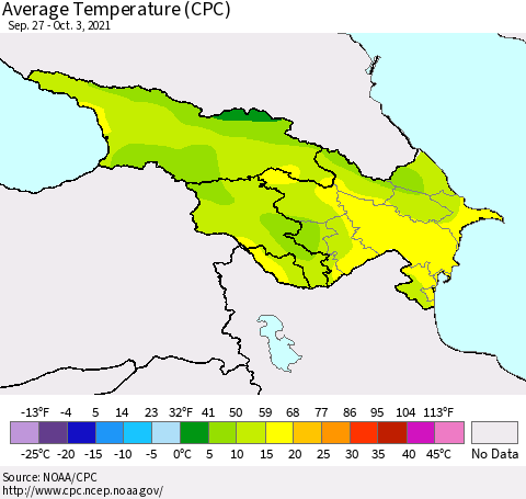 Azerbaijan, Armenia and Georgia Average Temperature (CPC) Thematic Map For 9/27/2021 - 10/3/2021