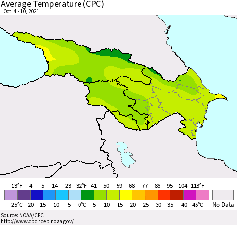 Azerbaijan, Armenia and Georgia Average Temperature (CPC) Thematic Map For 10/4/2021 - 10/10/2021