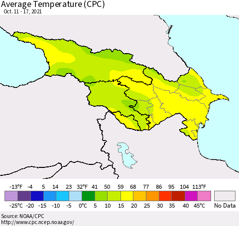 Azerbaijan, Armenia and Georgia Average Temperature (CPC) Thematic Map For 10/11/2021 - 10/17/2021