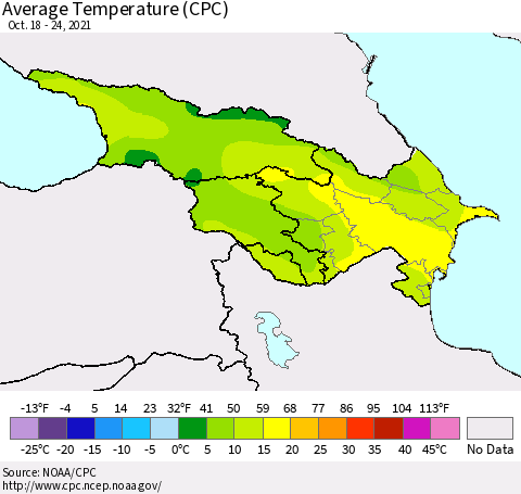 Azerbaijan, Armenia and Georgia Average Temperature (CPC) Thematic Map For 10/18/2021 - 10/24/2021