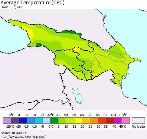 Azerbaijan, Armenia and Georgia Average Temperature (CPC) Thematic Map For 11/1/2021 - 11/7/2021