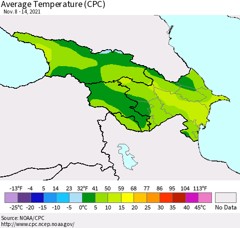 Azerbaijan, Armenia and Georgia Average Temperature (CPC) Thematic Map For 11/8/2021 - 11/14/2021