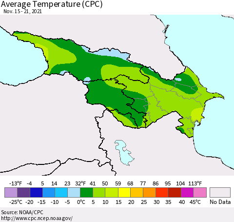 Azerbaijan, Armenia and Georgia Average Temperature (CPC) Thematic Map For 11/15/2021 - 11/21/2021