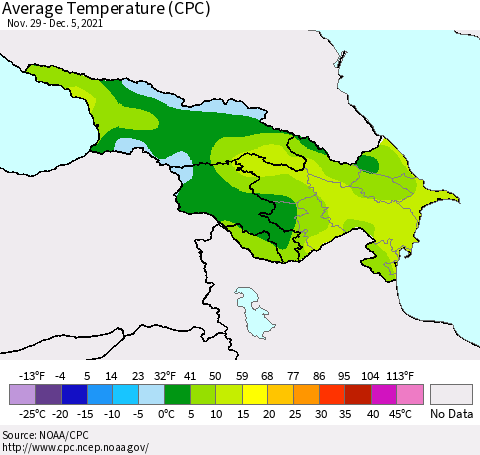 Azerbaijan, Armenia and Georgia Average Temperature (CPC) Thematic Map For 11/29/2021 - 12/5/2021