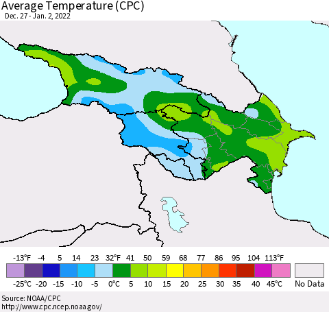 Azerbaijan, Armenia and Georgia Average Temperature (CPC) Thematic Map For 12/27/2021 - 1/2/2022