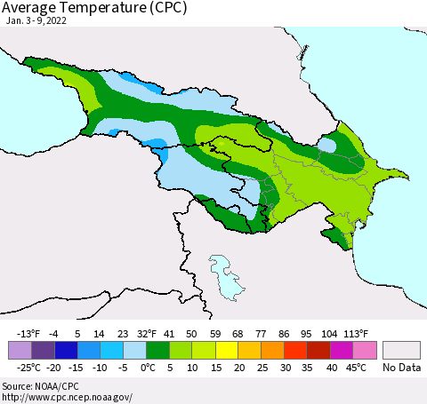 Azerbaijan, Armenia and Georgia Average Temperature (CPC) Thematic Map For 1/3/2022 - 1/9/2022